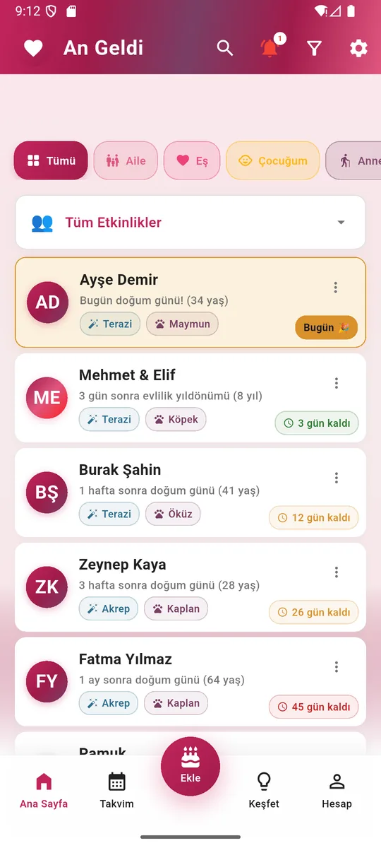 Doğum Günü Hatırlatıcı ana ekranı: yaklaşan özel günler listesi