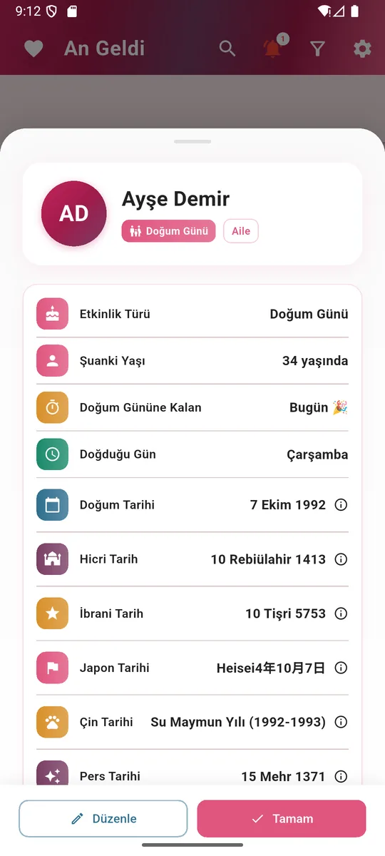 Kişi detayı: yaş, kalan gün ve farklı takvimlerde doğum tarihi