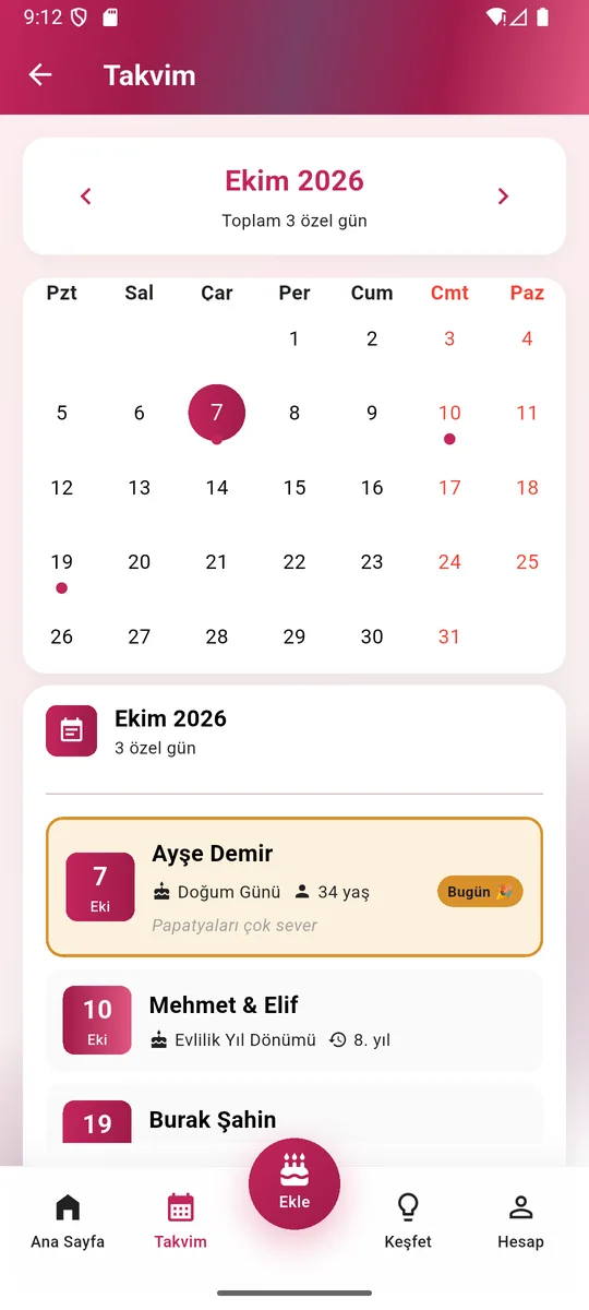 Takvim görünümü: ayın özel günleri